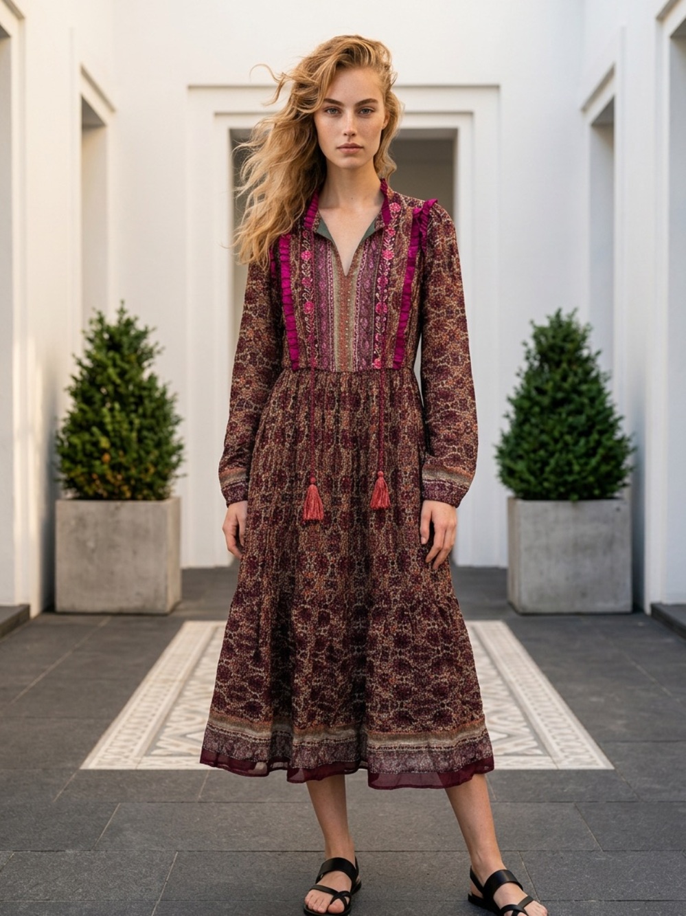 Aratta Burgundy Floral Midi Dress with Pink Accents